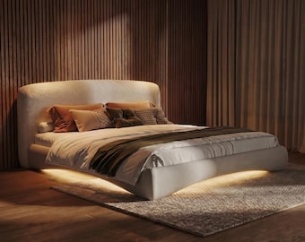 Cream Boucle Curved Upholstered Bed Frame with RGB LED Lights, Queen King Size