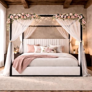 Upholstered Velvet Canopy Bed Frame, Queen King 4-Poster Design