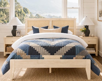 Natural Rattan Woven Headboard Bed, Solid Rubber Wood Frame, Boho Coastal Platform Bed