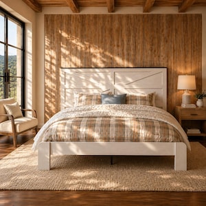 White Farmhouse Platform Bed Frame, Metal Wood Headboard, Under-Bed Storage, Noise-Free Slat Support