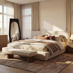 May include: A bedroom scene featuring a large bed with a neutral color palette. The bed has a beige headboard and is covered with a beige comforter and decorative pillows. A wooden bench sits at the foot of the bed, and a large mirror leans against the wall.
