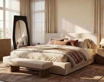 Upholstered Bed Frame, Beige Linen Platform, Thick Padded Headboard, Embedded Design, King/California King