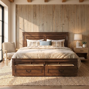 May include: A wooden bed frame with two pull-out drawers, a headboard, and a footboard. The bed is covered with a fluffy comforter and pillows. A beige chair and a nightstand with a lamp are visible. The room has a rustic, cozy feel.