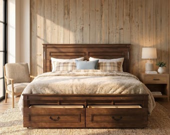 Farmhouse Storage Bed with LED Headboard, USB/Type-C Charging, Pine Wood Platform Frame