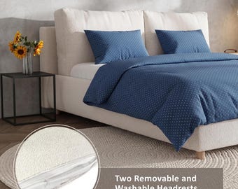 Boucle Upholstered Platform Bed, Low Profile Modern Frame, Removable Pillow Headboards