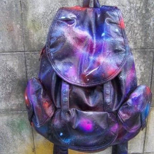 vintage  faux leather backpack with handpainted galaxy