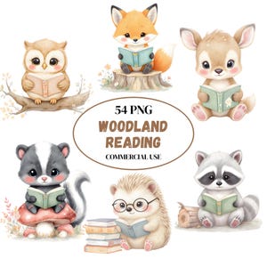 Woodland Reading Animals Clipart, Cute Animals with Books PNG, Forest Book Nook Nursery, Watercolor Woodland Study Animals, Library Clipart