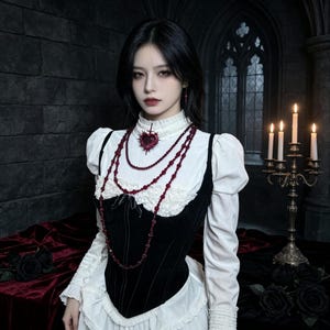 May include: A white long-sleeved blouse with a high ruffled collar and a black corset-style bodice. A multi-layered dark red beaded necklace features a central heart-shaped pendant with a small sword detail. The garment has puffed sleeves.