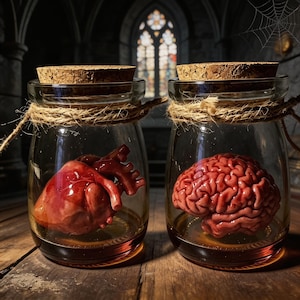 May include: Two clear glass jars with cork stoppers, each tied with twine around the neck. One jar contains a realistic anatomical human heart model, and the other jar contains a detailed anatomical human brain model, both submerged in liquid.