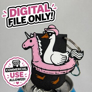May include: A black keychain featuring a white swan wearing sunglasses and a pink hat, riding a pink inflatable unicorn. The keychain has a silver ring and a clasp. The text "DIGITAL FILE ONLY!" and "COMMERCIAL USE ALLOWED!" are also visible.