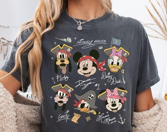 Vintage Disney Pirate Shirt, Mickey & Friends Pirate Signature Crew Tee, Minnie Goofy Donald Daisy Comfort Colors Shirt