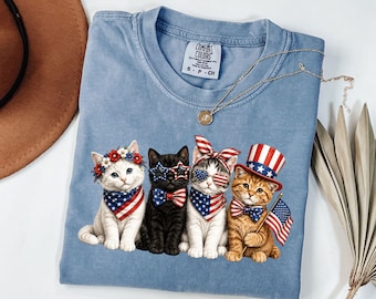 Comfort Colors Patriotic Cat Shirt, 4th Of July Cat Lover Tee, USA Flag Kitten Shirt, USA 250th American Cat Mom Gift Shirt For Women Kids