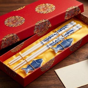 Jingdezhen Blue & White Chopsticks Gift Set | Chinese Wooden Chopsticks in Ceramic Gift Box | Elegant Sushi Gift
