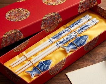 Jingdezhen Blue & White Chopsticks Gift Set | Chinese Wooden Chopsticks in Ceramic Gift Box | Elegant Sushi Gift