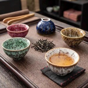 Peut inclure: Un service à thé présenté sur un plateau, comprenant de petits bols en céramique de différentes couleurs : bordeaux, vert et marron. Un récipient en céramique bleu et une pile de feuilles de thé sont également présents.