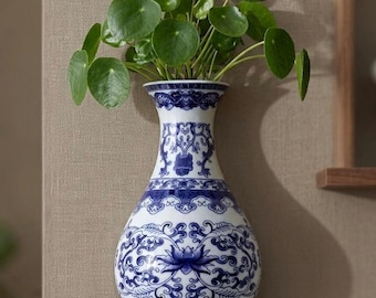 Blue White Wall Vase Ceramic | Vintage Bamboo Hanging Flower Vase | Chinese Porcelain Home Decor