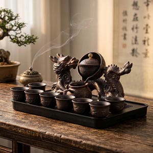 Può includere: Un servizio da tè in ceramica marrone con supporti a forma di drago. Il set comprende una teiera, tazze e un vassoio da portata. Il vapore sale dalla teiera, suggerendo tè caldo. Il set è su un tavolo di legno.
