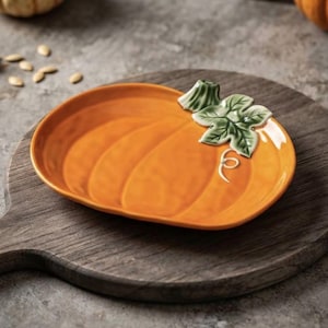 Pode incluir: Um prato de cerâmica em forma de abóbora com acabamento laranja brilhante. O prato apresenta um detalhe em relevo tridimensional de um caule e uma folha verde num dos lados, com um pequeno gavinhas branco, imitando uma abóbora real.