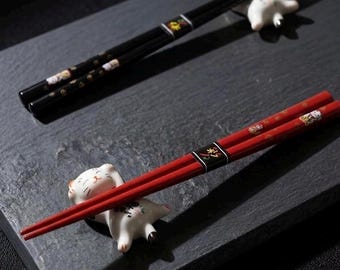 Maneki Neko Chopsticks Set Wooden | Lucky Cat Chopsticks 2 Pairs | Japanese Sushi Gift Hashi