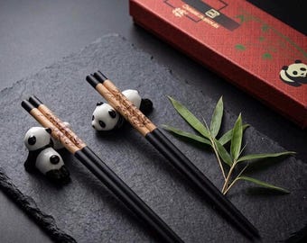 Panda Chopsticks Set with Holder | Wooden Chinese Chopsticks | Cute Sushi Gift 2 Pairs Hashi