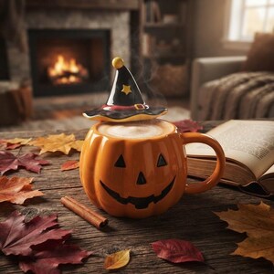 Può includere: Una tazza in ceramica a forma di zucca con un volto di jack-o'-lantern e un coperchio abbinato a forma di cappello da strega nero. La tazza è riempita con una bevanda fumante, presenta un manico curvo e poggia su una superficie in legno.
