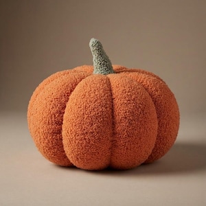 Peut inclure: Un coussin rond en forme de citrouille orange, fabriqué dans un tissu texturé et duveteux. La citrouille présente des segments verticaux profonds et une tige courte et droite de couleur vert sauge, faite du même matériau doux et bouclé.