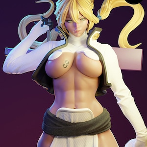 Op de afbeelding: Gedetailleerde 3D-weergave van een vrouwelijk anime-personage met blond haar in meerdere paardenstaarten. Ze draagt een witte outfit met zwarte accenten, handschoenen en een donkere sjerp. De tekst "E.S.M" en "esmonster" is inbegrepen.