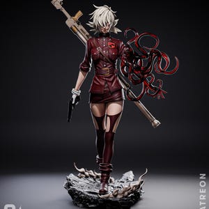 May include: A detailed figurine of a character in a maroon military-style outfit, holding a gun and a large weapon. The figure has white hair and a red and black appendage. The base is a rocky terrain. The text "CA" and "CA3D STUDIOS" are visible.
