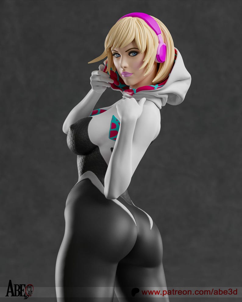 May include: A 3D-rendered figure of a female character in a white and black bodysuit with a hood and pink headphones. The figure has blonde hair and is posed against a gray background. The image includes the text "ABE" and a website address.