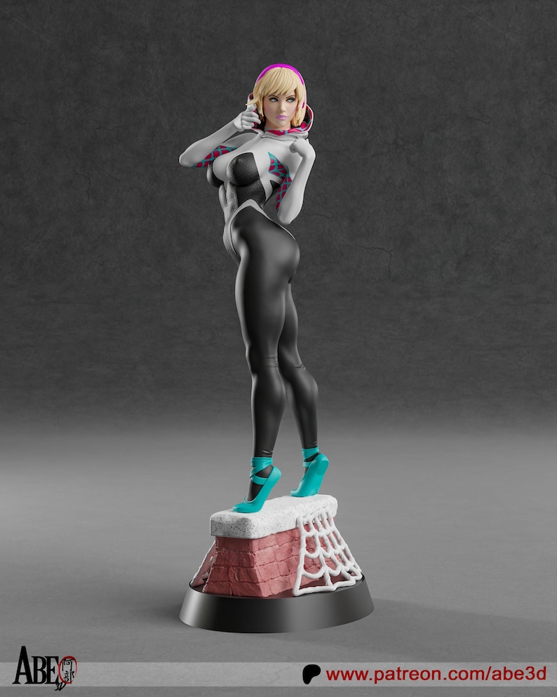 May include: A 3D-printed figurine of a female superhero in a black and white bodysuit with a spiderweb design. The figure has blonde hair and is wearing teal high heels. The figurine is standing on a red brick chimney with a white web design.