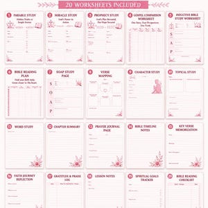 Puede incluir: Un paquete de estudio bíblico con 20 hojas de trabajo imprimibles con un diseño floral rosa. La colección incluye varias páginas de estudio como estudio de parábolas, milagros, mapeo de versículos y diario de oración en formato PDF.