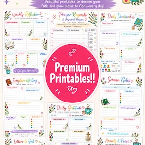 Puede incluir: Una colección de imprimibles para diario cristiano con coloridas ilustraciones florales, corazones e iconos de biblias y velas. Las páginas incluyen secciones para reflexión semanal, peticiones de oración, devocionales diarios y gratitud.