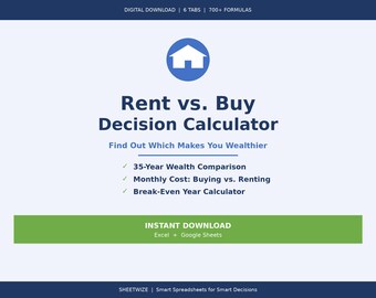 Rent vs Buy Calculator | First Time Home Buyer Guide | Mortgage Spreadsheet | Buy or Rent Decision Tool | Financial Planning | Excel