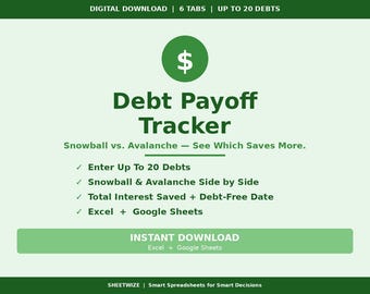 Debt Payoff Tracker Spreadsheet | Snowball vs Avalanche Calculator | Debt Free Planner | Excel + Google Sheets