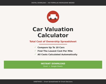 Car Buying Checklist | Car Comparison Spreadsheet | Auto Loan Calculator | Used Car Guide | Vehicle Cost Per Mile | Excel Google Sheets