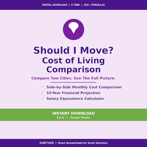 Relocation Spreadsheet | Cost of Living Comparison | Moving Planner | Salary Comparison Tool | Budget Planner | City Comparison | Excel