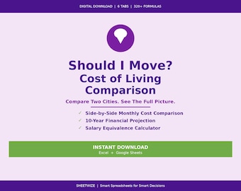 Relocation Spreadsheet | Cost of Living Comparison | Moving Planner | Salary Comparison Tool | Budget Planner | City Comparison | Excel