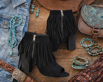 Black Suede Fringe Ankle Boots Size 9 Open Toe 4” Block Heel Western Boho Festival Booties Side Zip