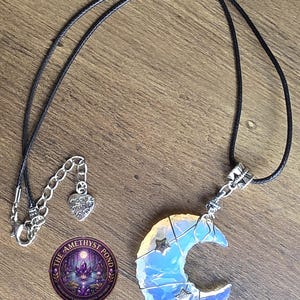 Handmade Opalite Crescent Moon Necklace, Wire Wrapped Celestial Pendant, Star Accents, Black Cord