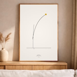 May include: A framed art print with a minimalist design. It features a black curved line with a yellow dot, and a vertical line intersecting a horizontal line. The text "The Serve" is at the bottom.