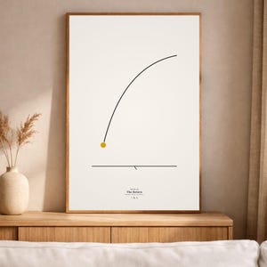 May include: A framed art print with a minimalist design. The artwork features a black curved line, a yellow circle, and a horizontal black line. The text "The Return" is at the bottom. The print is displayed on a wooden cabinet.