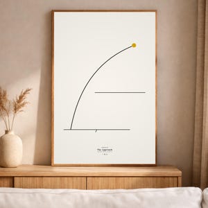May include: A framed art print with a minimalist design. The artwork features a black curved line with a yellow dot at the top, and two horizontal lines. The text "The Approach" is at the bottom. The frame is a warm brown colour.