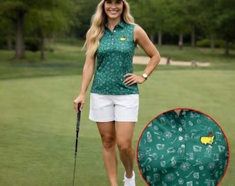 Women Sleeveless Golf Polo Shirt Masters Inspired, Ladies Summer Golf Outfit, Augusta Green Pattern Polo, Gift for Female Golfer