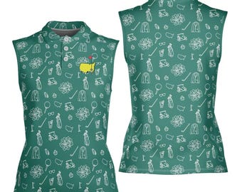Women's Sleeveless Golf Polo Shirt, Masters Green Augusta Inspired Pattern, Gift for Female Golfer, Tournament Green Activewear 2026 01