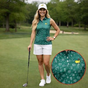 May include: A woman wearing a green sleeveless golf shirt with a white pattern and white shorts. She is wearing a white hat with a logo and holding a golf club on a green golf course. The shirt has a yellow logo.
