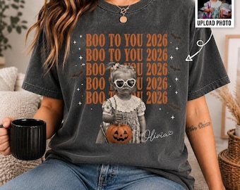 Custom Halloween Photo Shirt, Personalized Vintage Washed Tee, Upload Kid Photo & Name, Custom Halloween Gift, Spooky Season Family Tee
