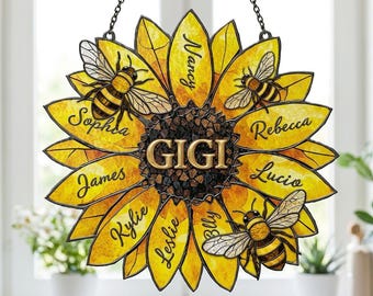 Personalized Gigi Suncatcher, Sunflower Gigi Suncatcher, Bee Sunflower Suncatcher, Stained Glass Gigi Grandkids, Custom Gigi Gift