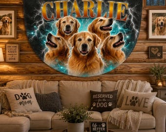 Custom Vintage Bootleg Pet Flag, Pet Photo + Name Banner, Personalized Dog Portrait Tapestry, Custom Dog Flag, 90s Pet Decor