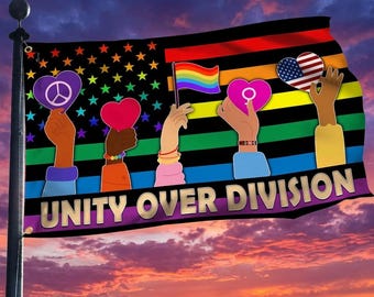 Unity Over Division Flag, Pride Rainbow Flag, LGBTQ Unity Banner, Equality Peace Flag, Rainbow American Flag, Hippie Peace Flag