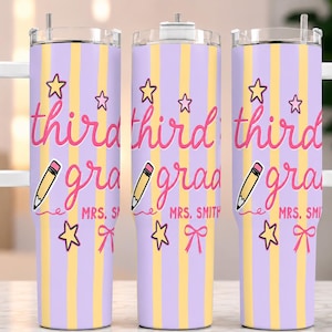 May include: A tall stainless steel tumbler with a handle and lid, featuring vertical light purple and yellow stripes. The design includes pink cursive text reading third grade, the name MRS. SMITH, yellow star graphics, a pencil, and a pink bow.